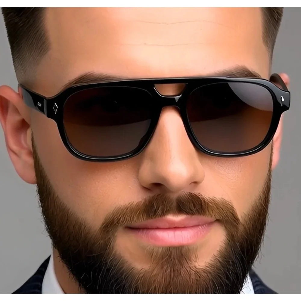 Mens‎ Black Aviator Sunglasses Brown Tinted Lenses Double Bridge Designer Style